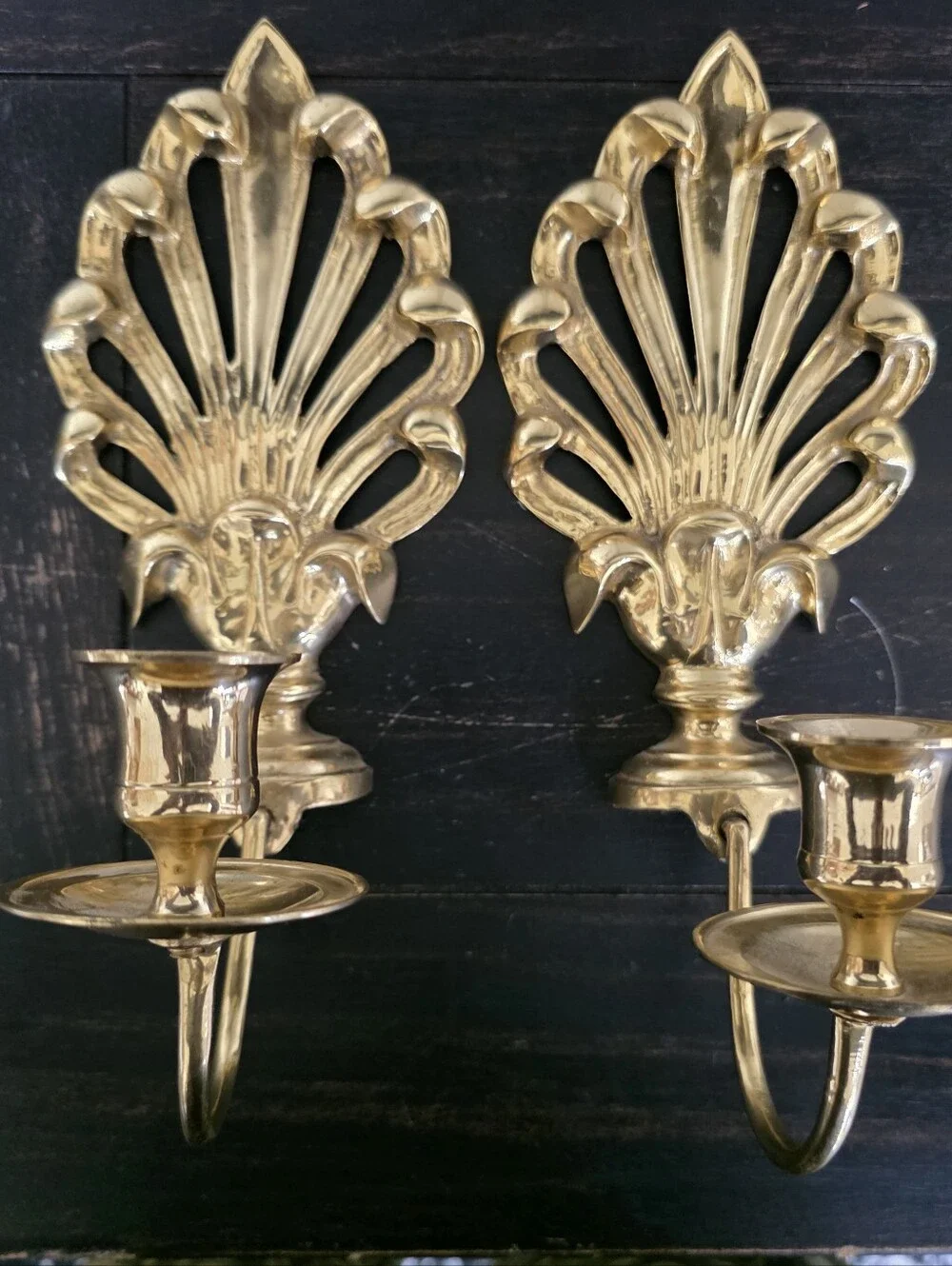 Set Of 2 Brass Gold Taper Candle Wall Sconce Holder Vtg Peacock 9' Small